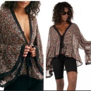 Free People Black Floral Oversized Lola Kimono Medium New